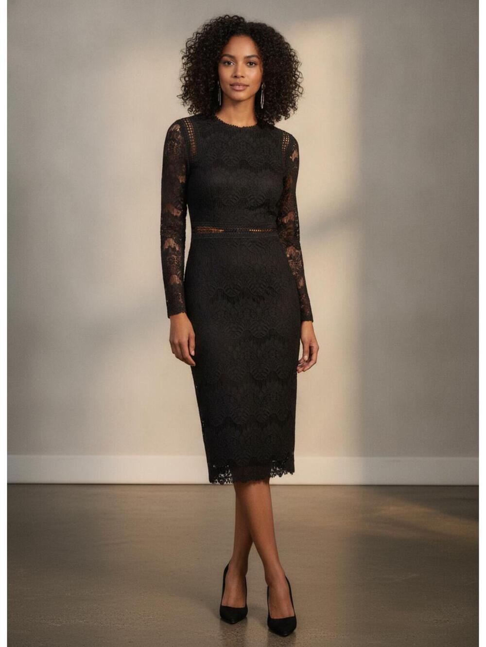 Love X Design Romantic Goth Witch Black Long Sleeve Lace Midi Dress Small